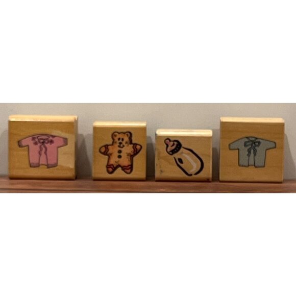 Set Of 4 Baby-Themed Rubber Stamps On Wooden Blocks Delta & Stampendous - Picture 1 of 8